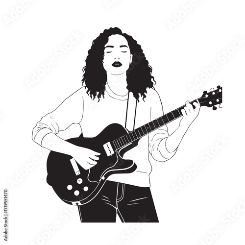 Black and white line art of a cool woman playing guitar in casual outfit minimalist stylish illustration
