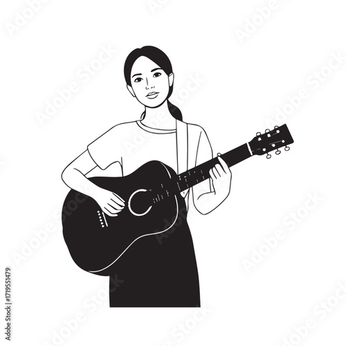 Black and white line art of a cool woman playing guitar in casual outfit minimalist stylish illustration
