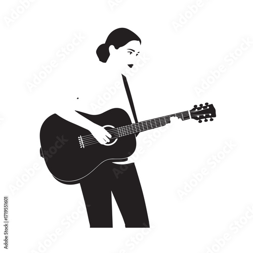 Black and white line art of a cool woman playing guitar in casual outfit minimalist stylish illustration

