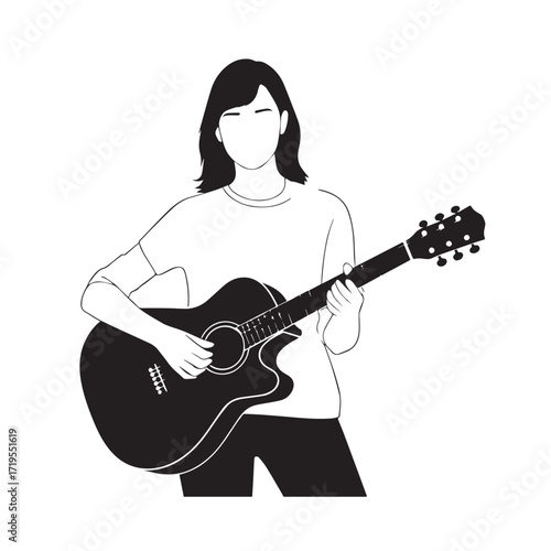 Black and white line art of a cool woman playing guitar in casual outfit minimalist stylish illustration
