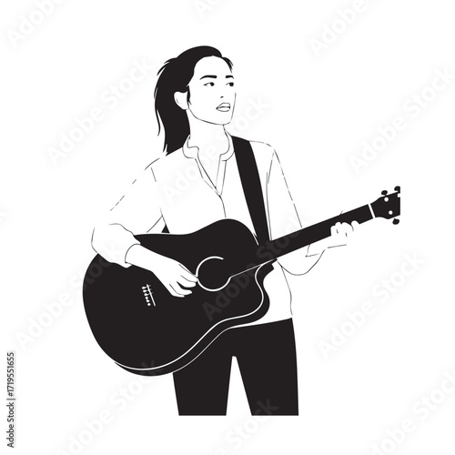 Black and white line art of a cool woman playing guitar in casual outfit minimalist stylish illustration
