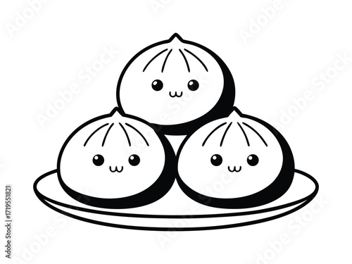 Cute Dim sum character, traditional Chinese dumplings, with funny smiling faces. Kawaii Asian food vector.