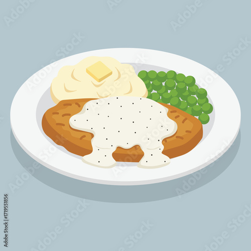 vector flat color of beef fried steak smothered in creamy white gravy with mashed potatoes and a pat of butter alongside green peas