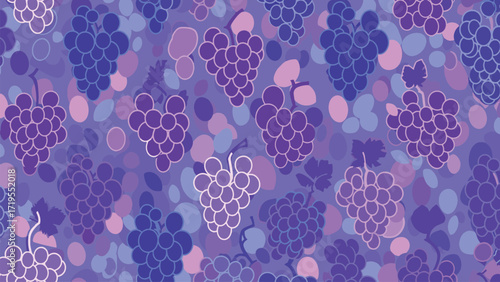 A repeating pattern of stylized grape clusters in various shades of purple, pink, and blue against a textured lavender background, creating a whimsical and decorative design.