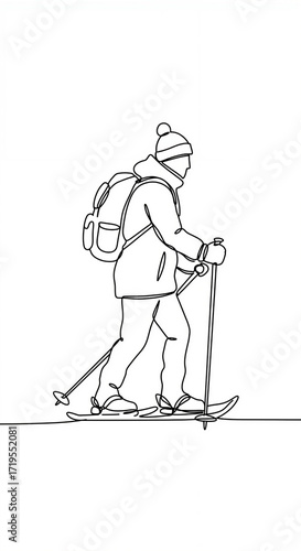 Person snowshoeing in winter attire with backpack and poles  