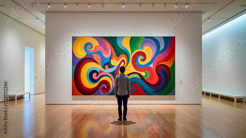 A rear view of a man standing alone in a spacious museum hall, looking at a large, colorful abstract painting. The painting features vibrant, psychedelic colors and curves. The photograph conveys a se