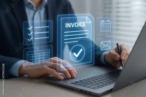 Invoice automation technology with businessman using laptop computer showing digital hologram interface for secure billing records electronic receipt management financial report data analysis 
