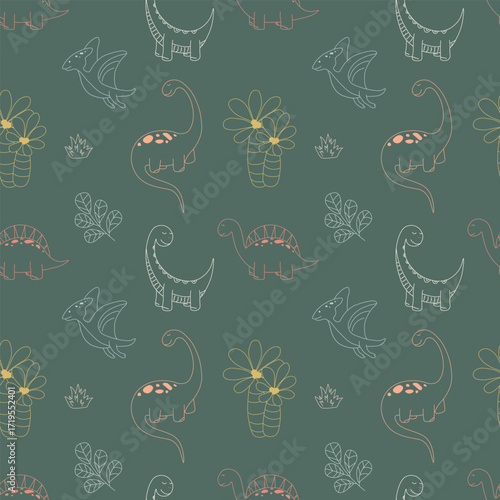 Cute Dino and Tropical Plant Repeat Pattern for Kids