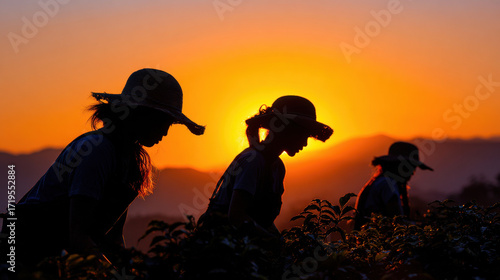 Wallpaper Mural Women in silhouette work diligently in coffee supply chain at sunset, showcasing their dedication and resilience in agriculture. scene captures beauty of nature and hard work Torontodigital.ca