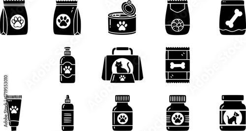 Pet Supplies Icons Black and White Vector Set for Animal Care