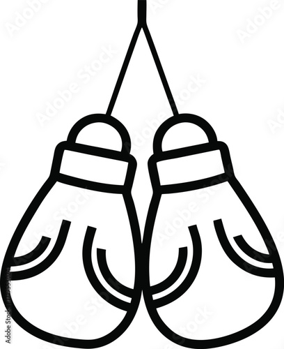 Minimal outline of boxing gloves hanging black and white clipart.