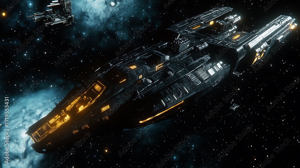 Naklejka premium A massive spaceship is seen flying through the vast expanse of space, its powerful engines propelling it forward through the darkness
