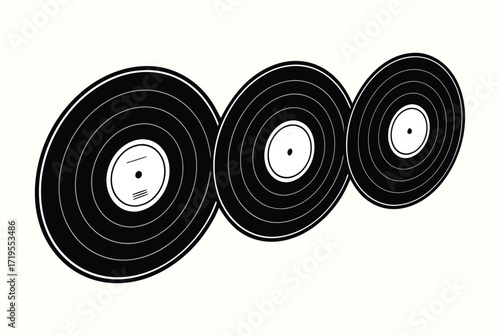 Three vinyl records in a row, decreasing in size, on a white background
