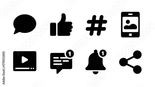 Social media icon set: like, comment, share, hashtag, notification, video, message, profile
