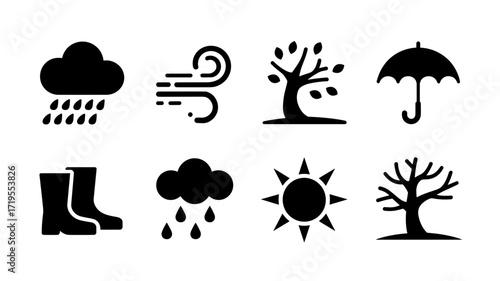 Vector icons of weather and seasons: rain, wind, sun, trees, boots, umbrella
