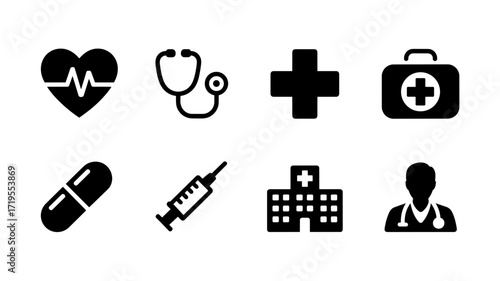 Vector icons of healthcare and medical tools including hospital, doctor, syringe, and first aid kit
