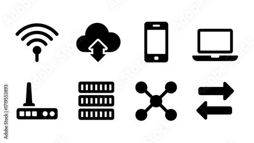 Set of vector network icons including Wi-Fi, cloud, server, mobile, laptop and connection symbols
