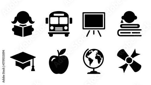 A collection of black vector icons representing school and education elements: student, school bus, chalkboard, books, graduation cap, apple, globe, and pinwheel. Perfect for learning apps, websites, 
