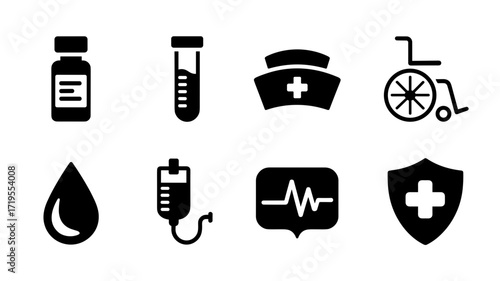 A collection of medical and healthcare-related vector icons in black and white. Includes symbols such as a medicine bottle, test tube, nurse hat, wheelchair, IV drip, heartbeat monitor, drop of blood,
