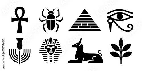 A set of black vector icons representing Ancient Egyptian symbols, including the ankh, scarab beetle, pyramid, Eye of Horus, pharaoh, sphinx, and other cultural and spiritual motifs. Ideal for history