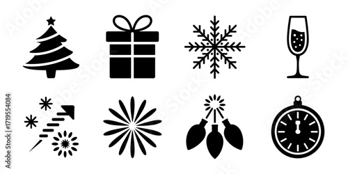 Vector icon set featuring festive elements such as a Christmas tree, gift box, snowflake, champagne glass, fireworks, starburst, holiday lights, and a countdown clock. Perfect for Christmas and New Ye