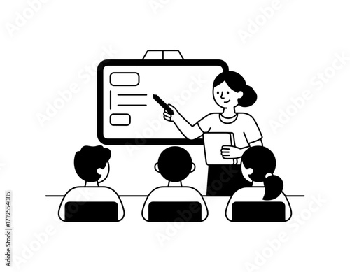 Vector illustration of a teacher explaining a lesson to students in classroom
