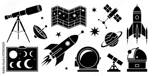 Set of space icons including rocket, telescope, satellite, astronaut helmet, star, planet, space map, orbit, and moon phases
