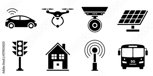 Collection of vector technology icons including smart car, drone, security camera, solar panel, traffic light, smart home, wireless signal, and 5G bus
