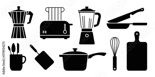 Collection of vector kitchen icons including moka pot, toaster, blender, frying pan, saucepan, cutting board, whisk, mug, and utensils
