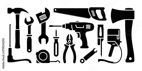 Collection of vector tool icons including hammer, wrench, drill, saw, axe, pliers, screwdriver, and tape measure
