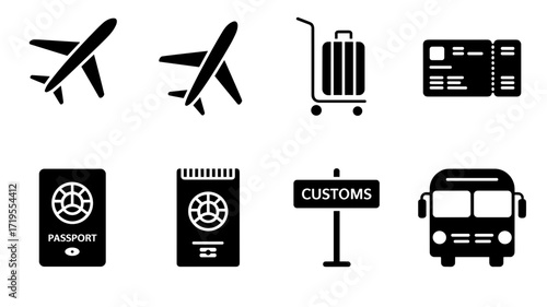 Collection of 8 travel vector icons including airplane, passport, luggage, customs sign, ticket and bus
