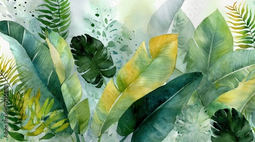 Lush watercolor painting of various tropical leaves in shades of green, yellow, and white