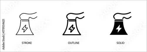 Lightning bolt with cooling tower icon for industry, nuclear power plant, energy, environment. Vector stroke, outline and solid icon. Eps10 file.
