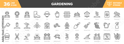 Gardening Line Icon Set - Gardener, Flower, Plant, Sprout Vector Illustration