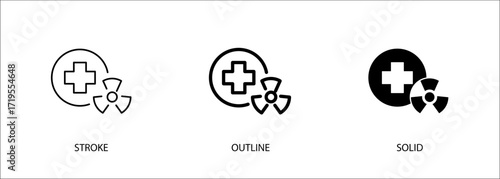Nuclear symbol with red cross for medical, hospital, radiation, x-ray room, nuclear medicine, danger warning. Vector stroke, outline and solid icon. Eps10 file.