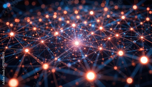 Wallpaper Mural A network of interconnected glowing points, emitting brilliant orange and blue lights, creates a complex and dynamic visual representation of data flow and connections. Torontodigital.ca