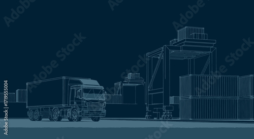Blueprint illustration depicting global supply chain, logistics and freight transportation with