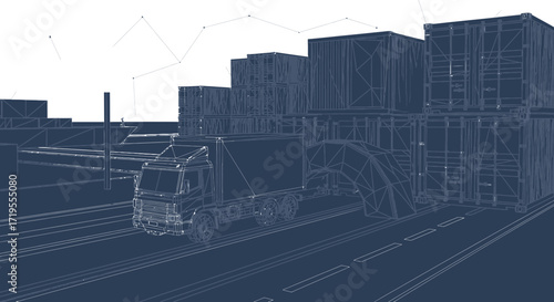 Blueprint illustration of a cargo truck transporting goods at a shipping port logistic industrial
