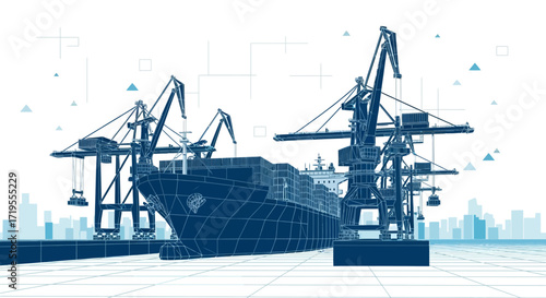 Blueprint illustration of a container ship being loaded by cranes at a port terminal