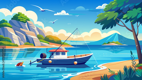 Blue sea panoramic view, boat fishing with trolling rod and reels, calm, summer waves sparkle under bright sunlight, distant horizon shimmers softly, gulls circle above, and gentle breezes carry a pea