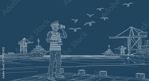 Blueprint maritime scene featuring a sailor with binoculars observing cargo ships and birds
