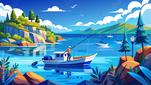 Blue sea panoramic view, boat fishing with trolling rod and reels, calm, summer waves sparkle under bright sunlight, distant horizon shimmers softly, gulls circle above, and gentle breezes carry a pea