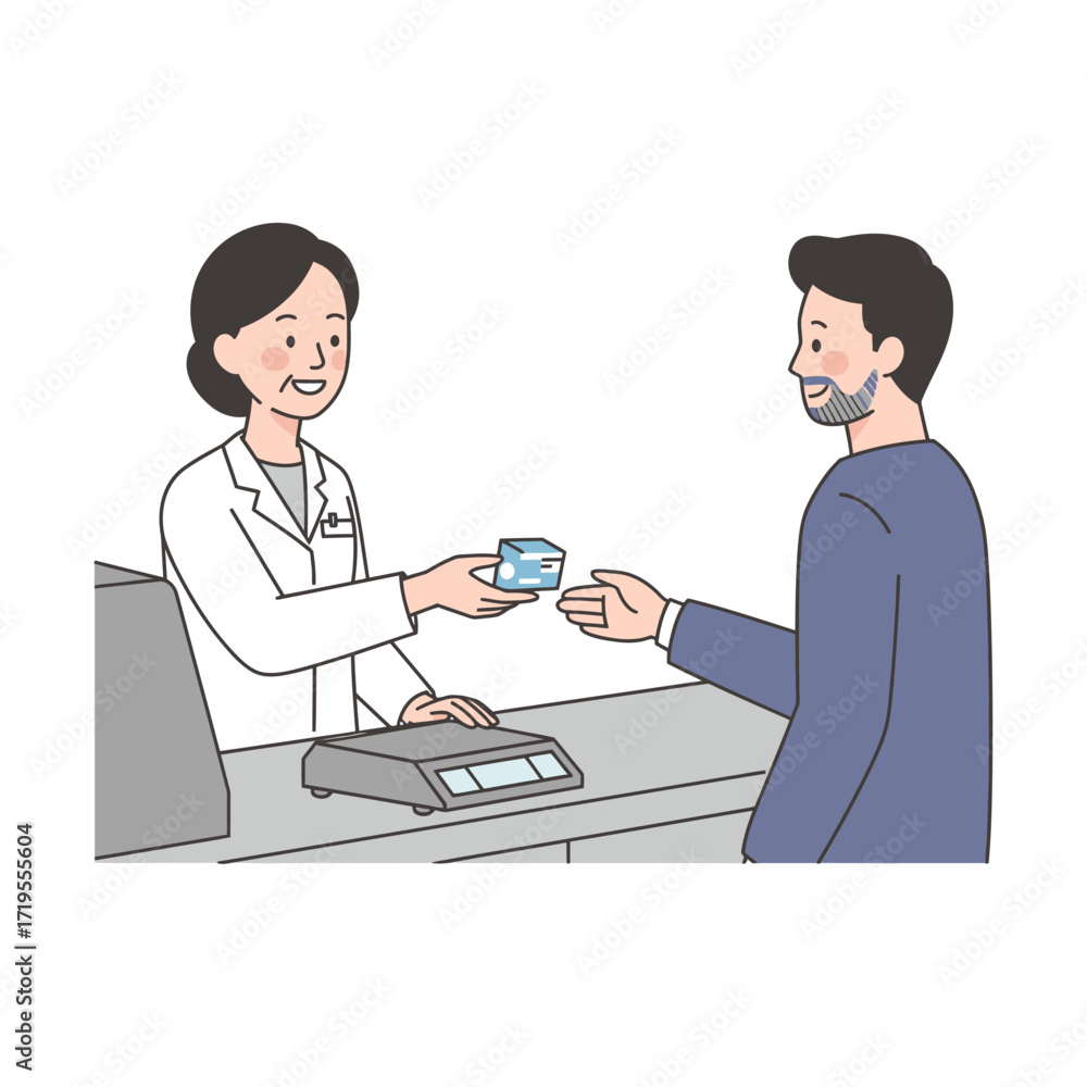 Fototapeta premium Vector art of pharmacist handing a small package to a customer over a counter with a scale