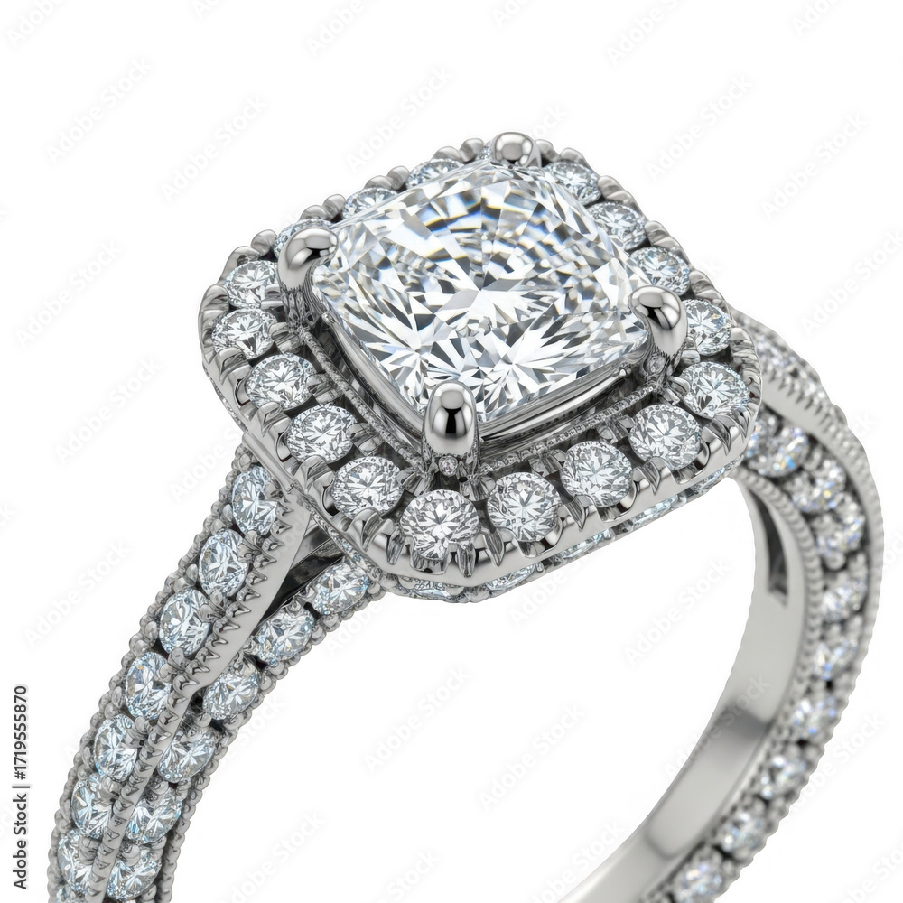 Obraz premium Exquisite cushion cut diamond engagement ring with pave band isolated on transparent background
