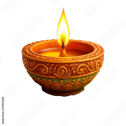 3d render of a realistic diya lamp with a warm glowing flame