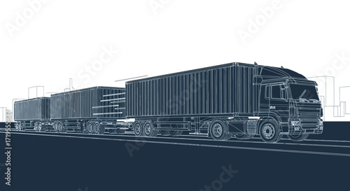 Blueprint visualization of a long haul truck transporting goods across the country