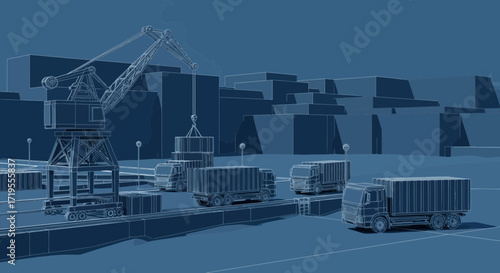 Blueprint Visualization of a Cargo Port with Crane and Trucks Depicting Logistics Operations