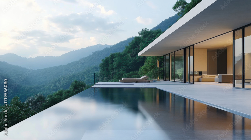 Fototapeta premium Perspective of modern building with terrace and swimming pool on mountain view background
