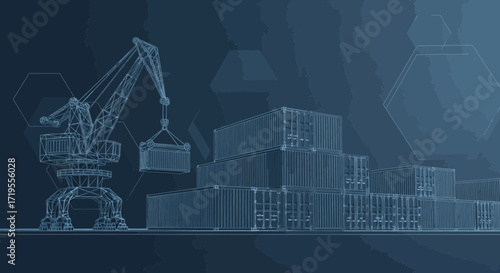 Blueprint visualization of cargo containers and crane at a shipping yard facility