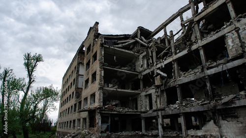 ruined street and destroyed houses the city Kiev war in Ukraine